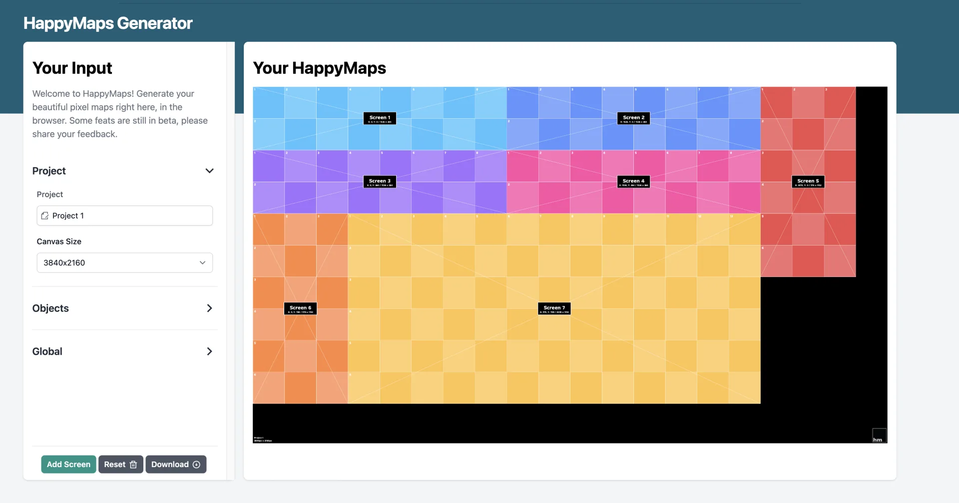 HappyMaps LED pixel map generator showing auto-positioned objects on a video wall canvas